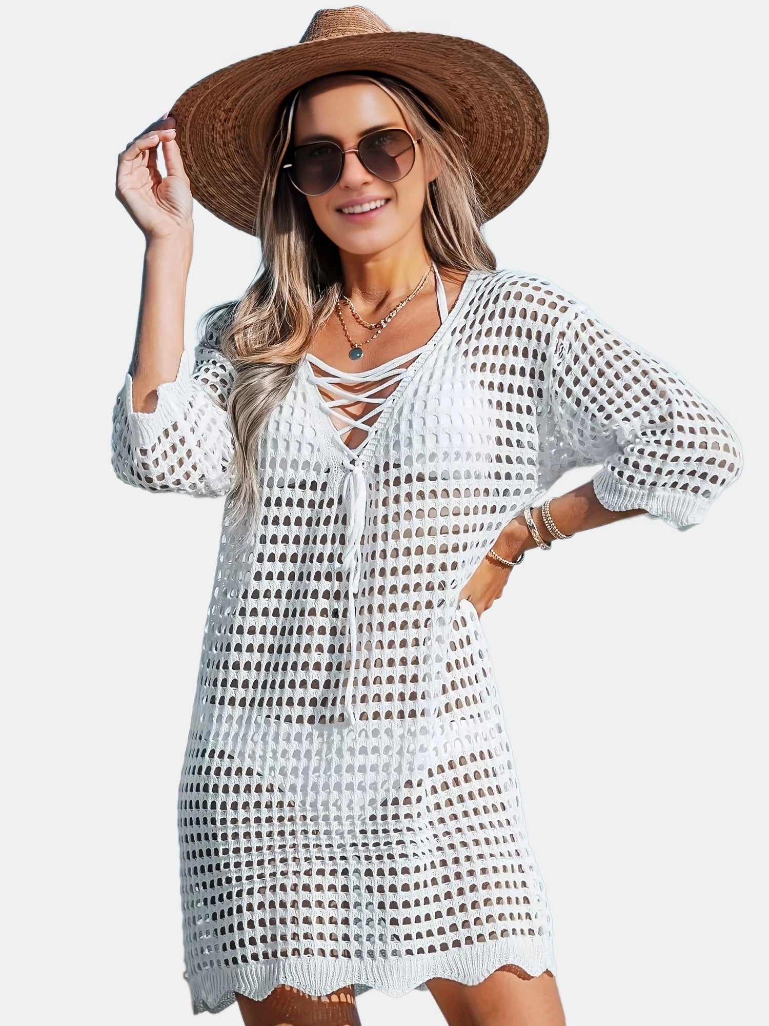 Scallop Trim Criss Cross Cover Up Dress Solid Tie Front 3 4 Sleeve