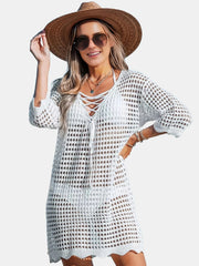 Scallop Trim Criss Cross Cover Up Dress Solid Tie Front 3 4 Sleeve