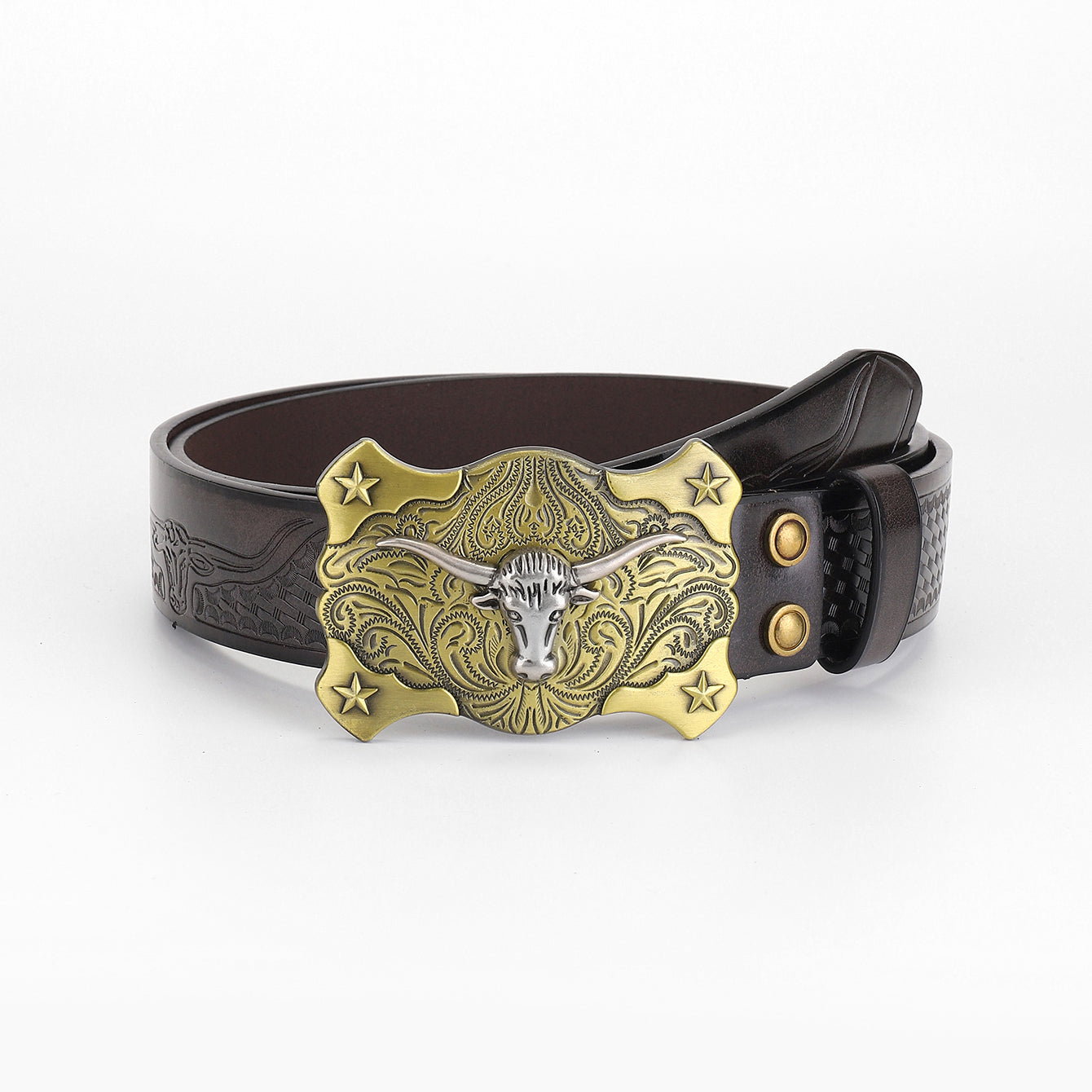 Leather Braided Pattern Belt With Ox Head and Star Carving Button