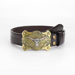 Leather Braided Pattern Belt With Ox Head and Star Carving Button