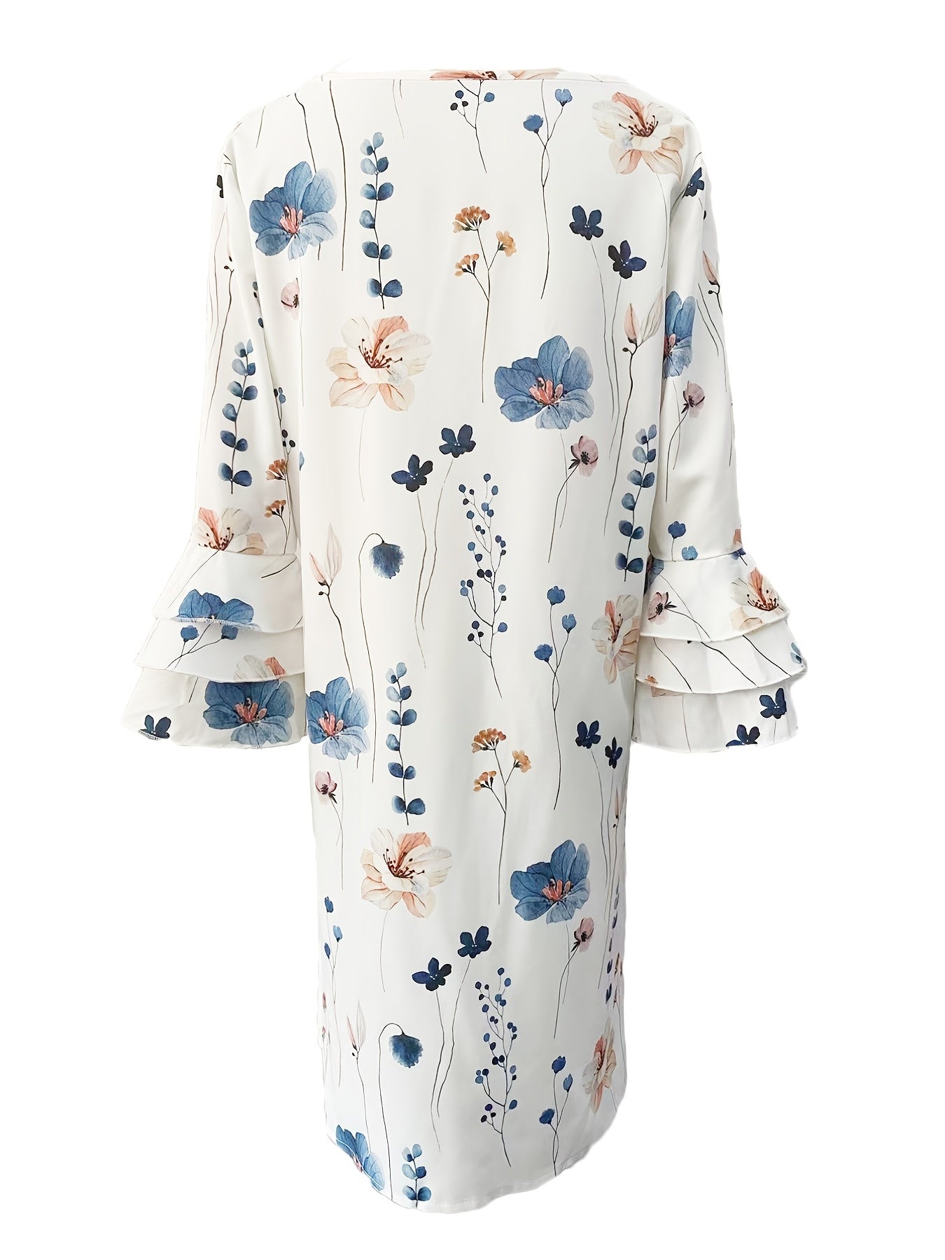 Floral Print Layered Dress Casual V Neck Flared Sleeve Dress