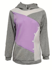 Block Button Hoodie Casual Sweatshirt Women's Clothing