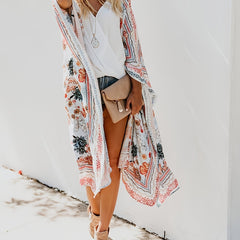 Floral Print V Neck Robes Loose Fit Non Stretch Kimono