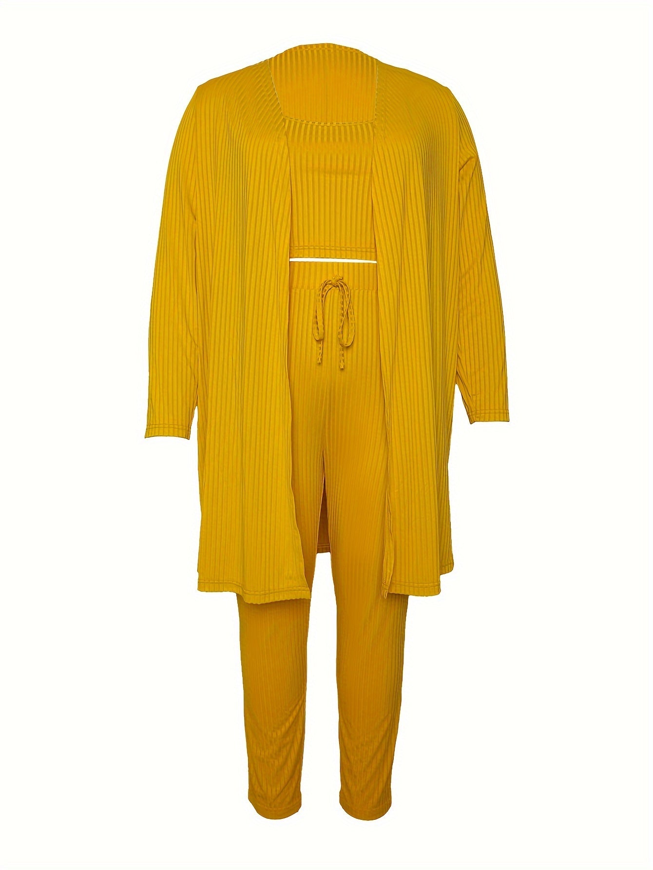 Solid Ribbed Knit Cardigan & Top & Pants Set