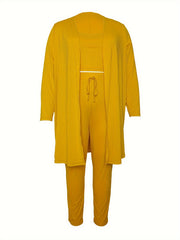 Solid Ribbed Knit Cardigan & Top & Pants Set