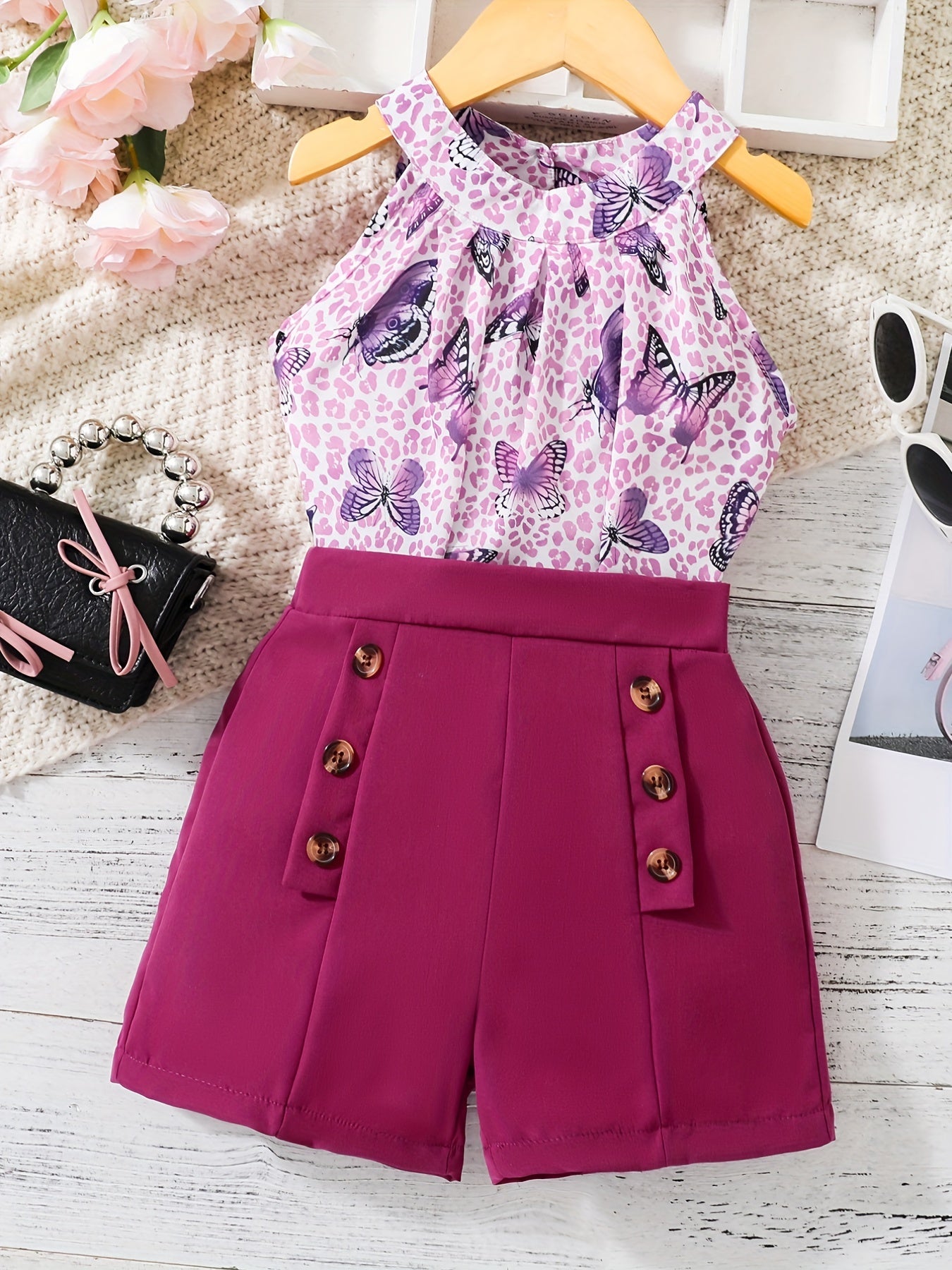 Girls' Leopard Halter Top & Button Shorts Set for Party Beach Vacation