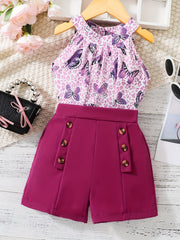 Girls' Leopard Halter Top & Button Shorts Set for Party Beach Vacation