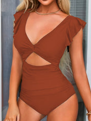 V Neck Ruched One Piece Swimsuit Cut Out Back High Cut Bathing Suit