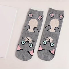 5 Pairs Cartoon Cat Print Socks Women's Stockings & Hosiery