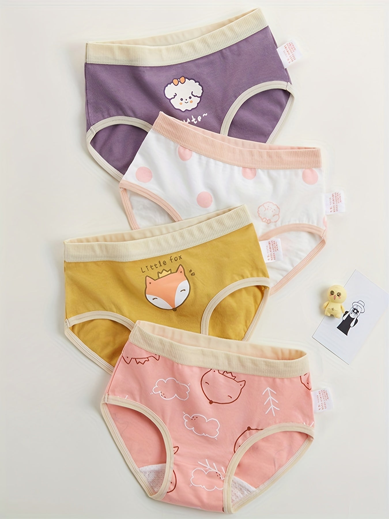 4pcs Girls Triangle Panties Fox Puppy Print Comfortable Underwear
