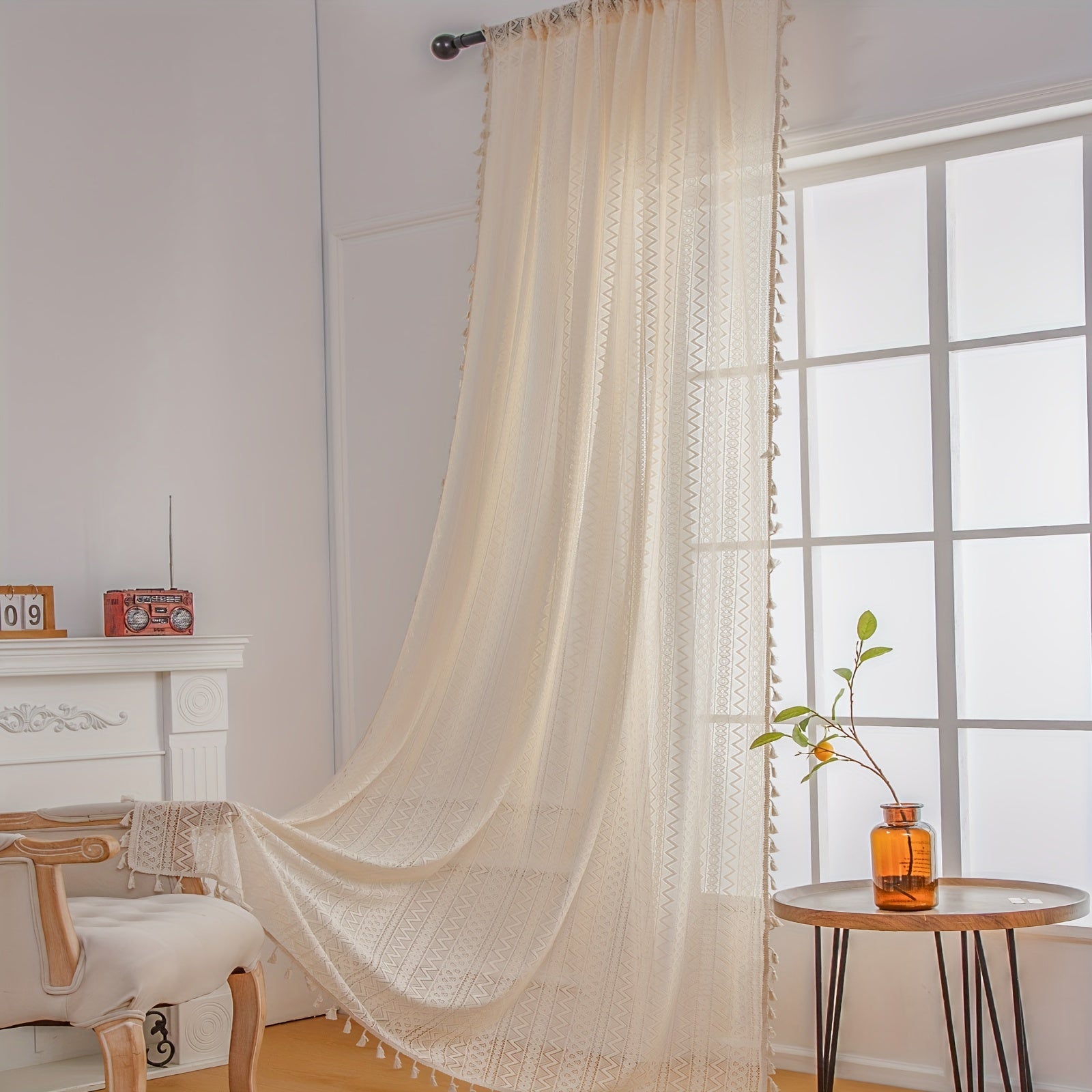 Bohemian Geometric Curtain with Beige Fringe for Home Decor