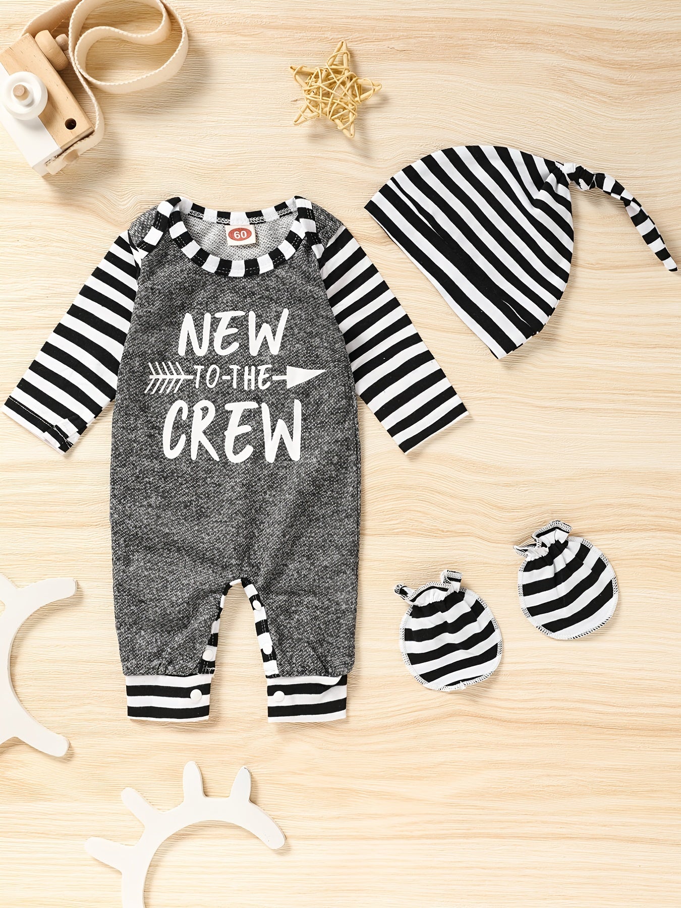 Newborn Infant Letter Romper Set Long Sleeve Jumpsuit & Hat & Gloves