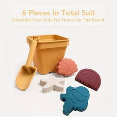 Silicone Beach Toy Set with Hand Bucket, Shovel, Molds