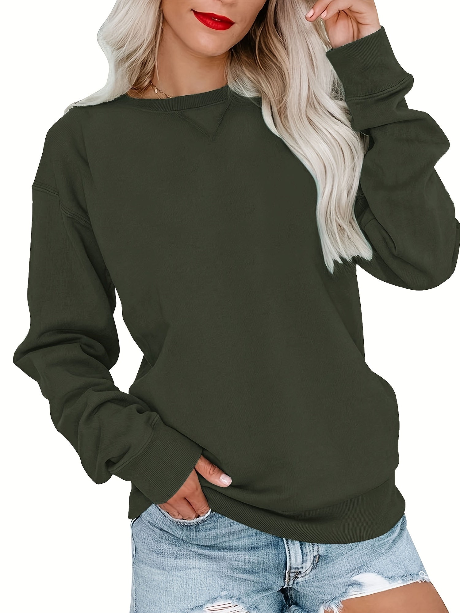 Solid Crew Neck Long Sleeve Sweatshirt for Women