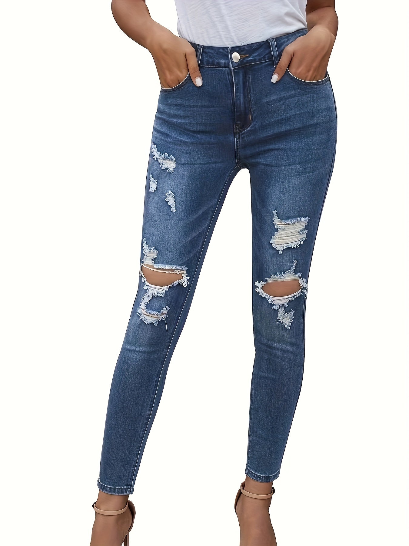 High Stretch Skinny Jeans Whiskering Knee Cut Distressed Denim Pants