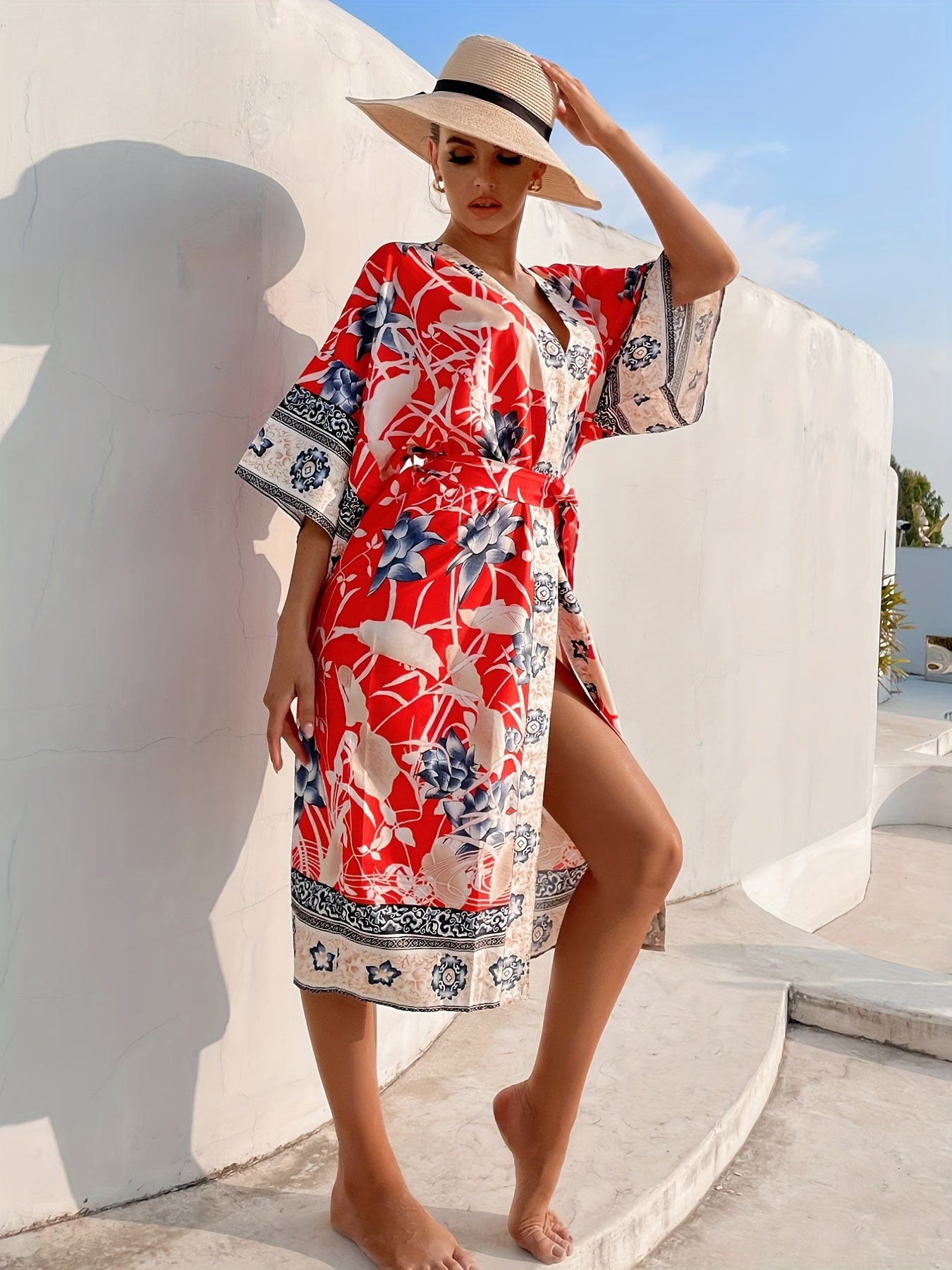 Floral Print Surplice V Neck Cover Up Kaftan Red Kimono Sleeve Coverup Dress