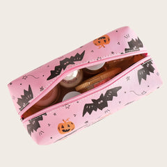 Halloween Pumpkin & Bat Print Makeup Bag Roomy Zipper Pouch