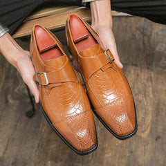 Men's Crocodile Print Monk Strap Square Toe Dress Shoes