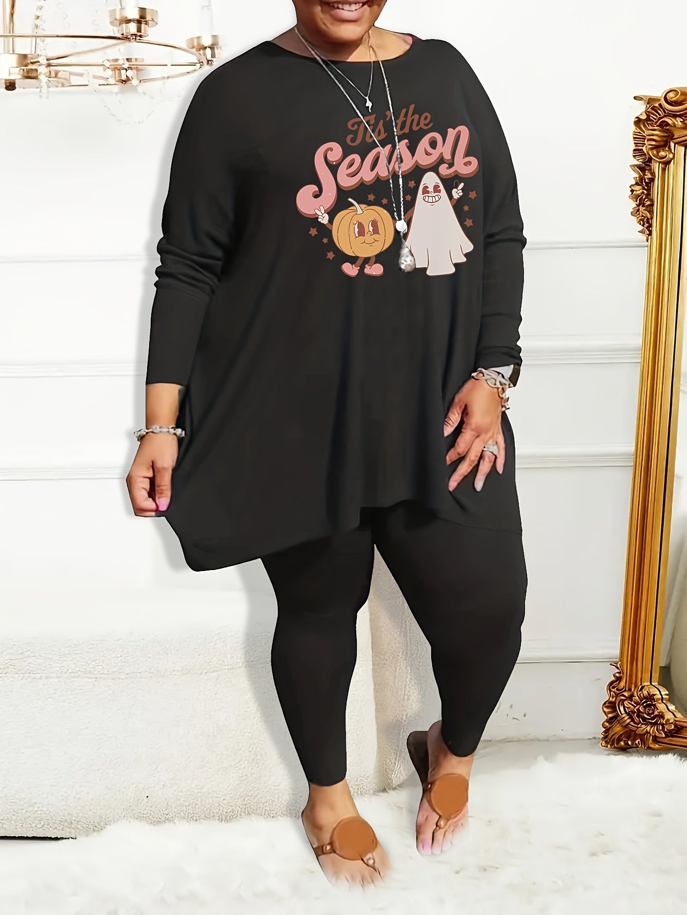 Halloween Pajama Set Women's Cartoon Print Tee & Leggings