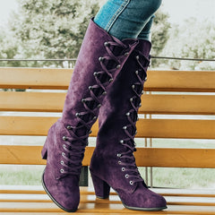 Women's Chunky Heeled Long Boots Lace Up Knee High Boots