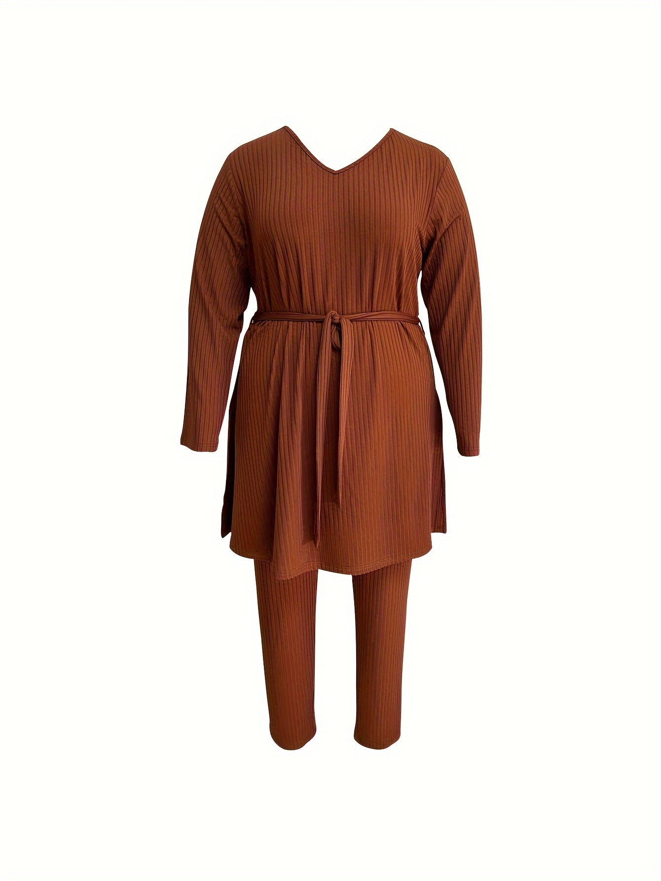 Ribbed Knit Lounge Set V Neck Top & Pants Pajama Set