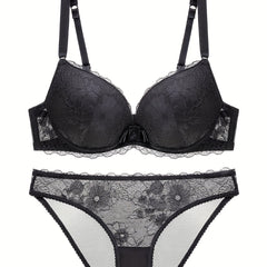 Floral Lace Push Up Bra & Bikini Panties Set