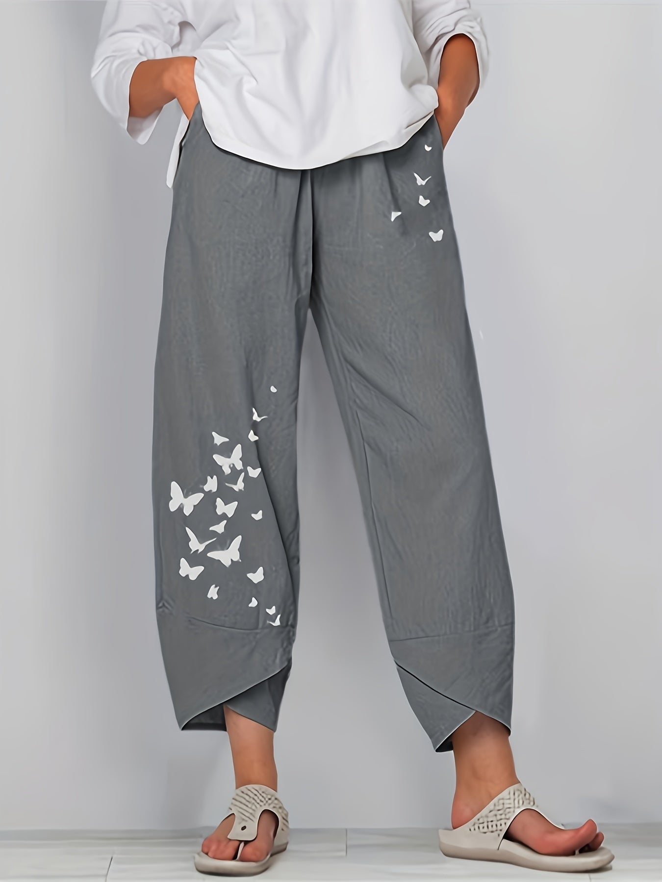 Butterfly Print Cropped Pants Women's Clothing