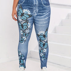 Butterfly & Denim Print High Stretch Leggings