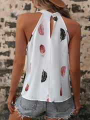 Feather Print Halter Neck Sleeveless Top Off Shoulder Loose Tank Top