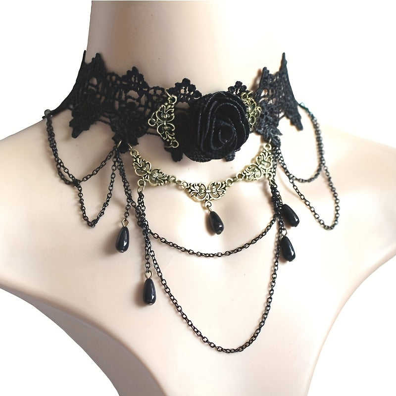 Dark Vintage Party Lace Choker Necklace with Rose Flower Pendant