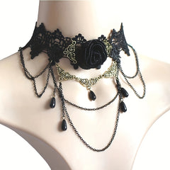 Dark Vintage Party Lace Choker Necklace with Rose Flower Pendant
