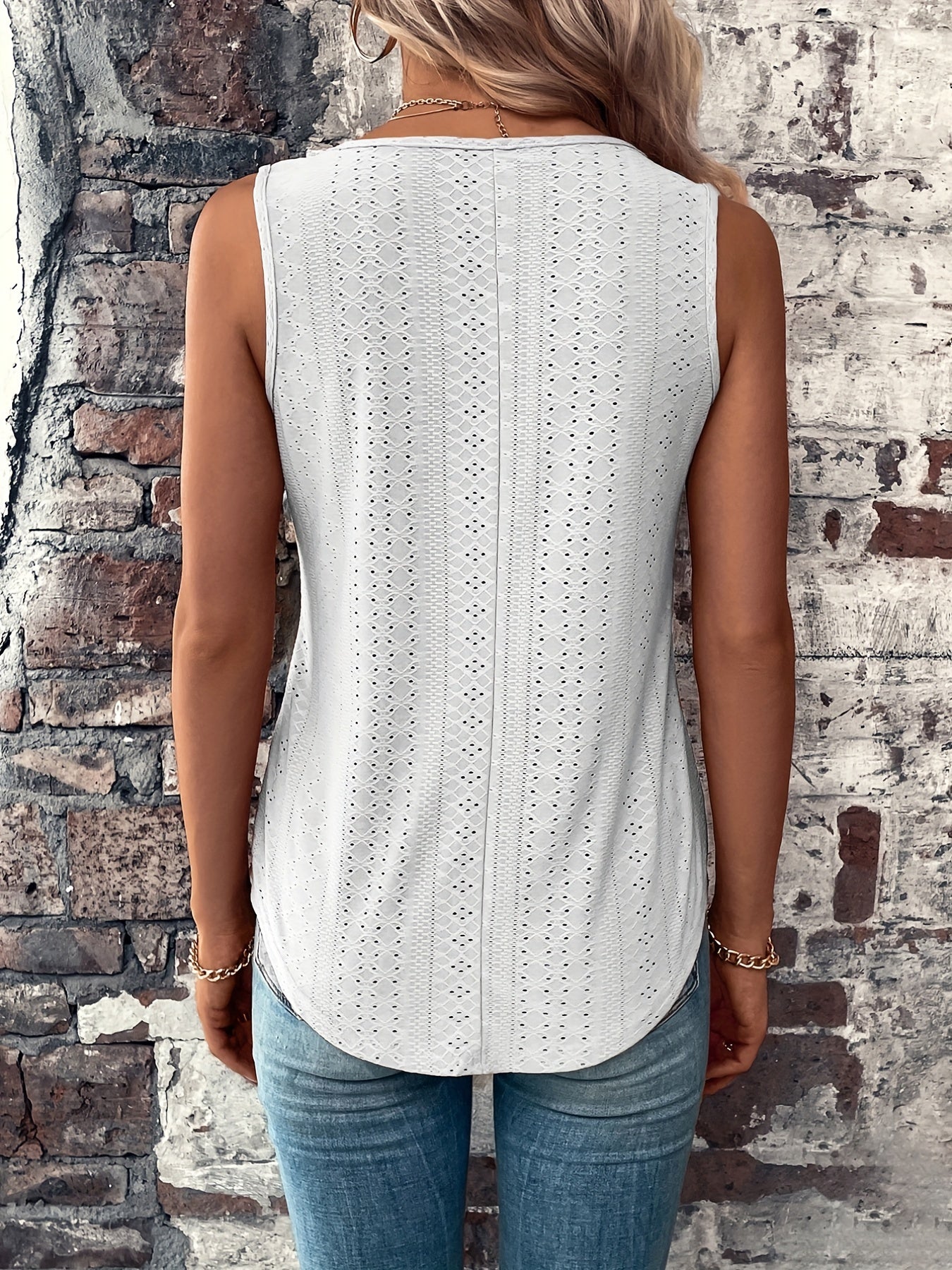 Eyelet Solid Tank Top V Neck Sleeveless Top Women's Clothing