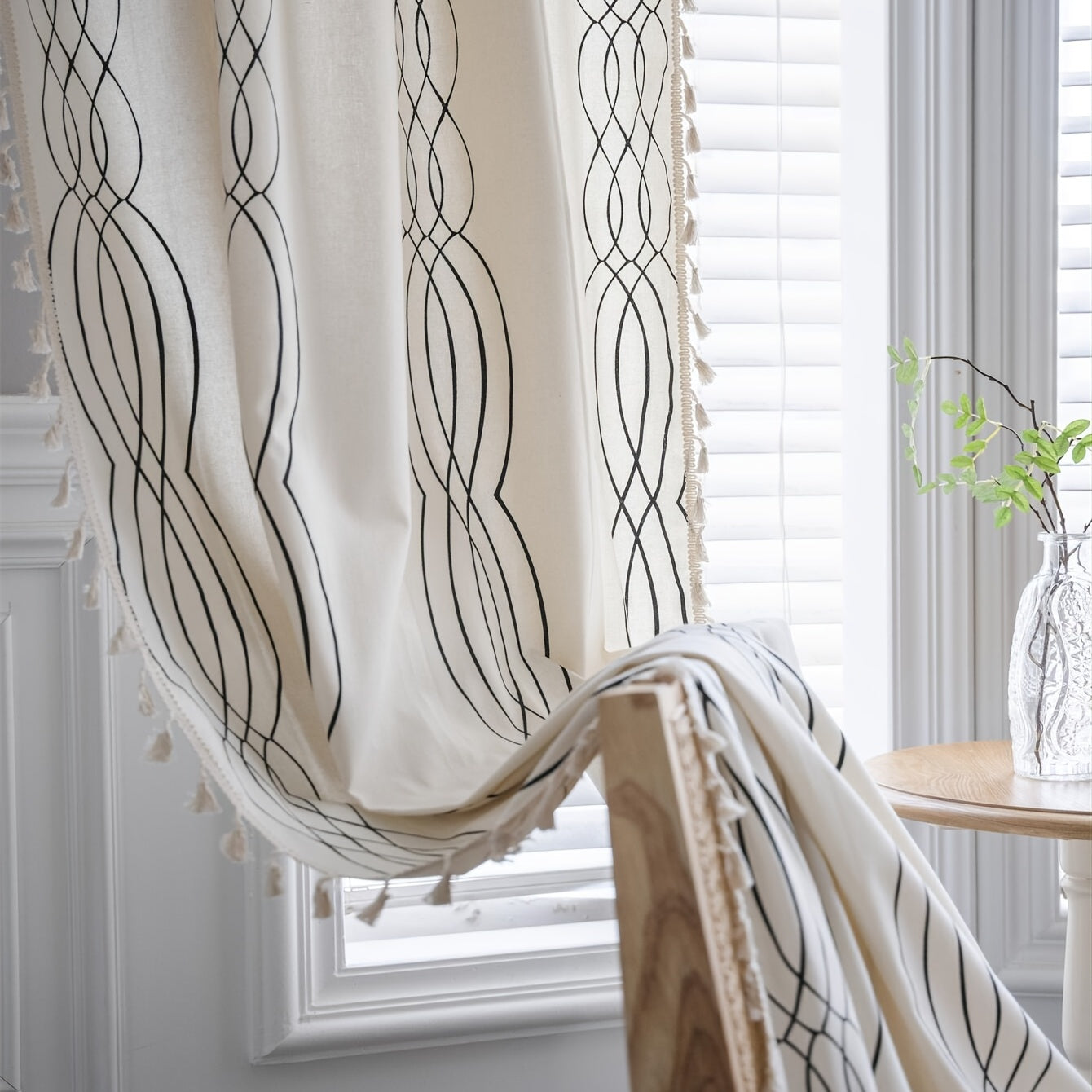 Boho Linen Striped Print Semi Blackout Cream Curtains With Beige Tassel