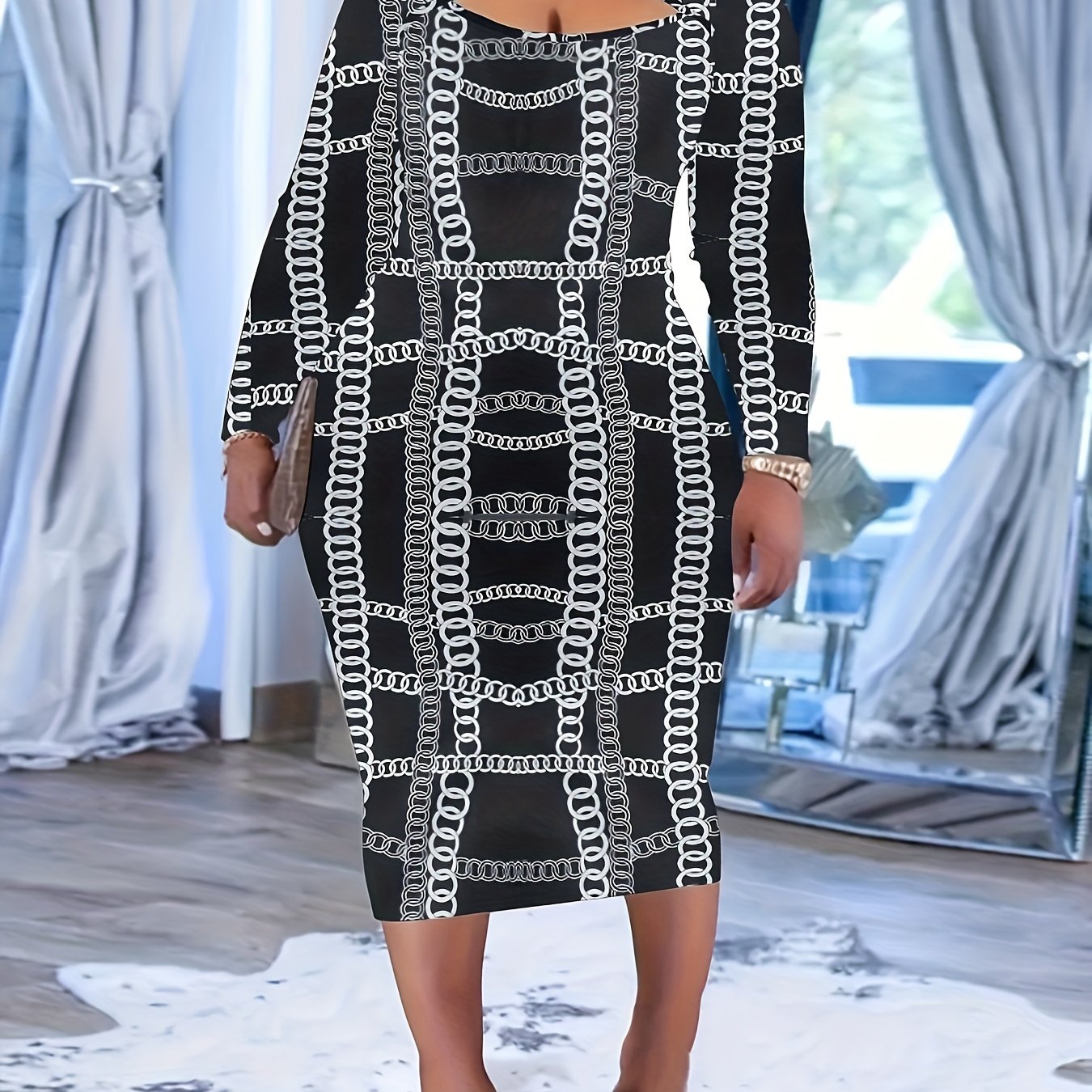 Plus Chain Print Cut Out Long Sleeve Midi Dress