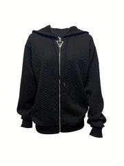Twist Pattern Zip Up Hoodie Long Sleeve Drawstring Hoodie