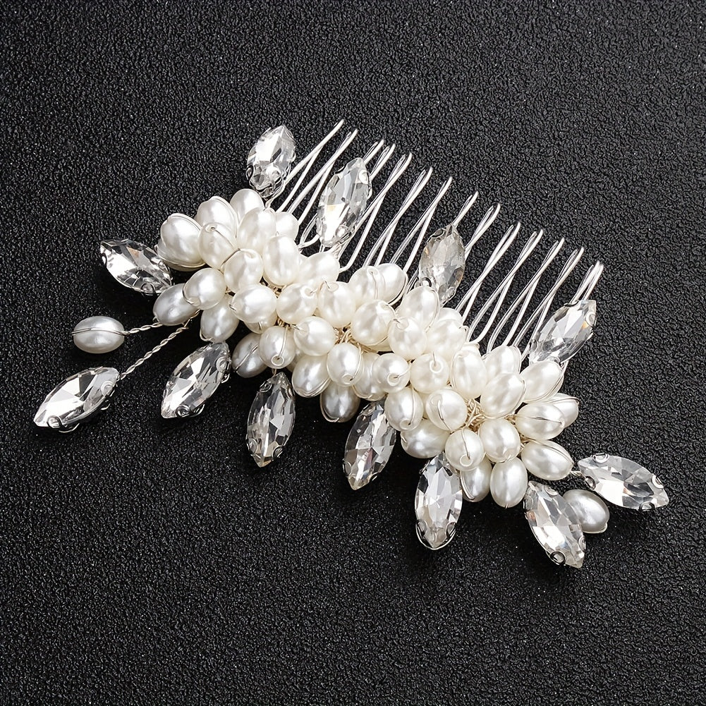 Faux Pearl Hair Comb Floral Rhinestone Alloy Hair Comb Hairpin for Girls Women