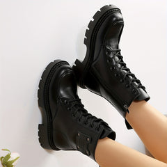 Women's Platform Combat Boots Round Toe Side Zipper & Lace Up Motorcycle Boots