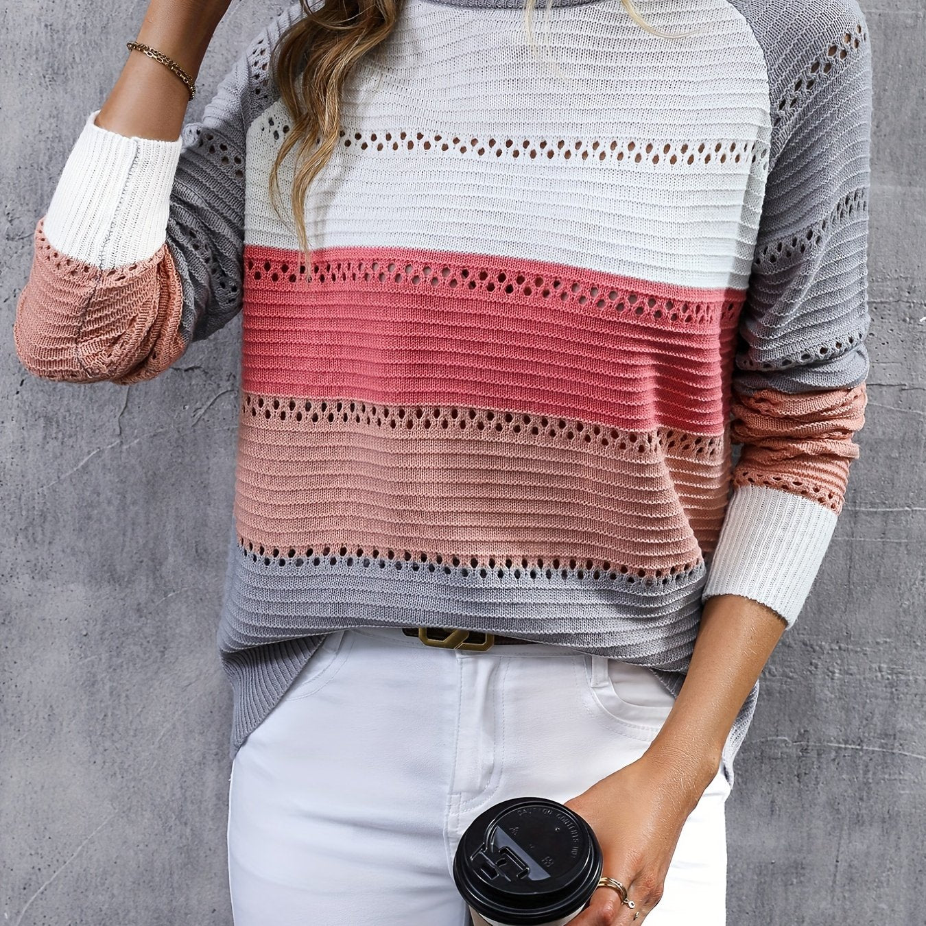 Turtleneck Knit Sweater Long Sleeve Women's Casual Block Sweater