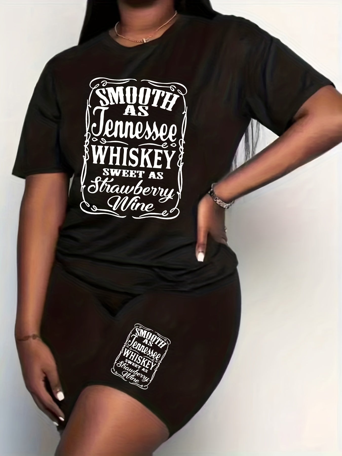 Women's Plus Size Letter Print Crew Neck Top & Shorts Set