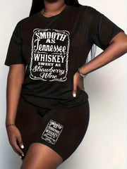 Women's Plus Size Letter Print Crew Neck Top & Shorts Set