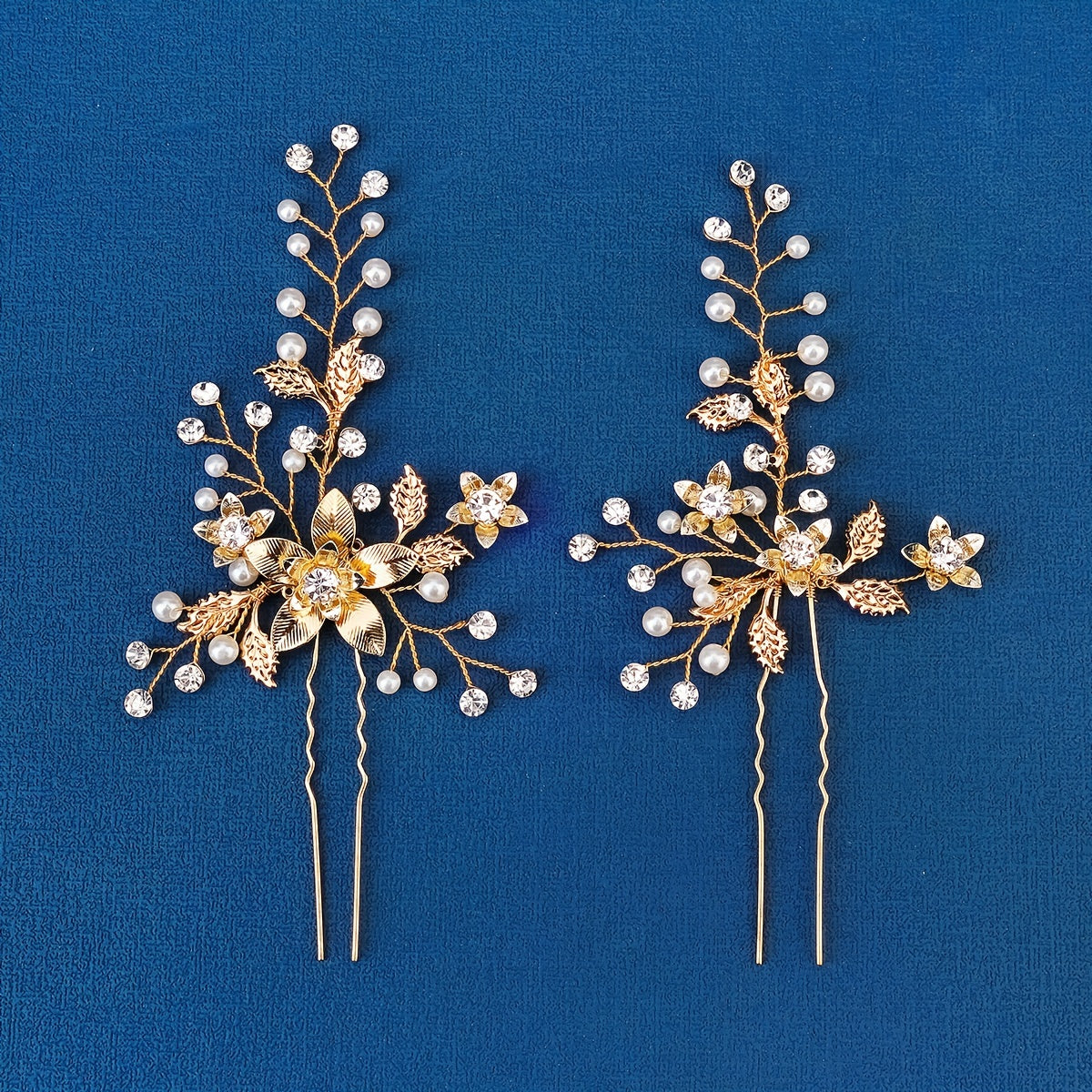 Bridal Pearl Hair Pins Silver Rhinestone Flower Headpieces 2pcs Set