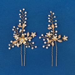 Bridal Pearl Hair Pins Silver Rhinestone Flower Headpieces 2pcs Set