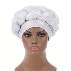 Silvery Turban Cap Twisted Braided Pre tied Big Head Wrap Elastic