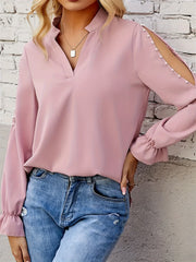 Blouse Women's Plus Solid Faux Pearl Decor Split Flounce Sleeve V Neck