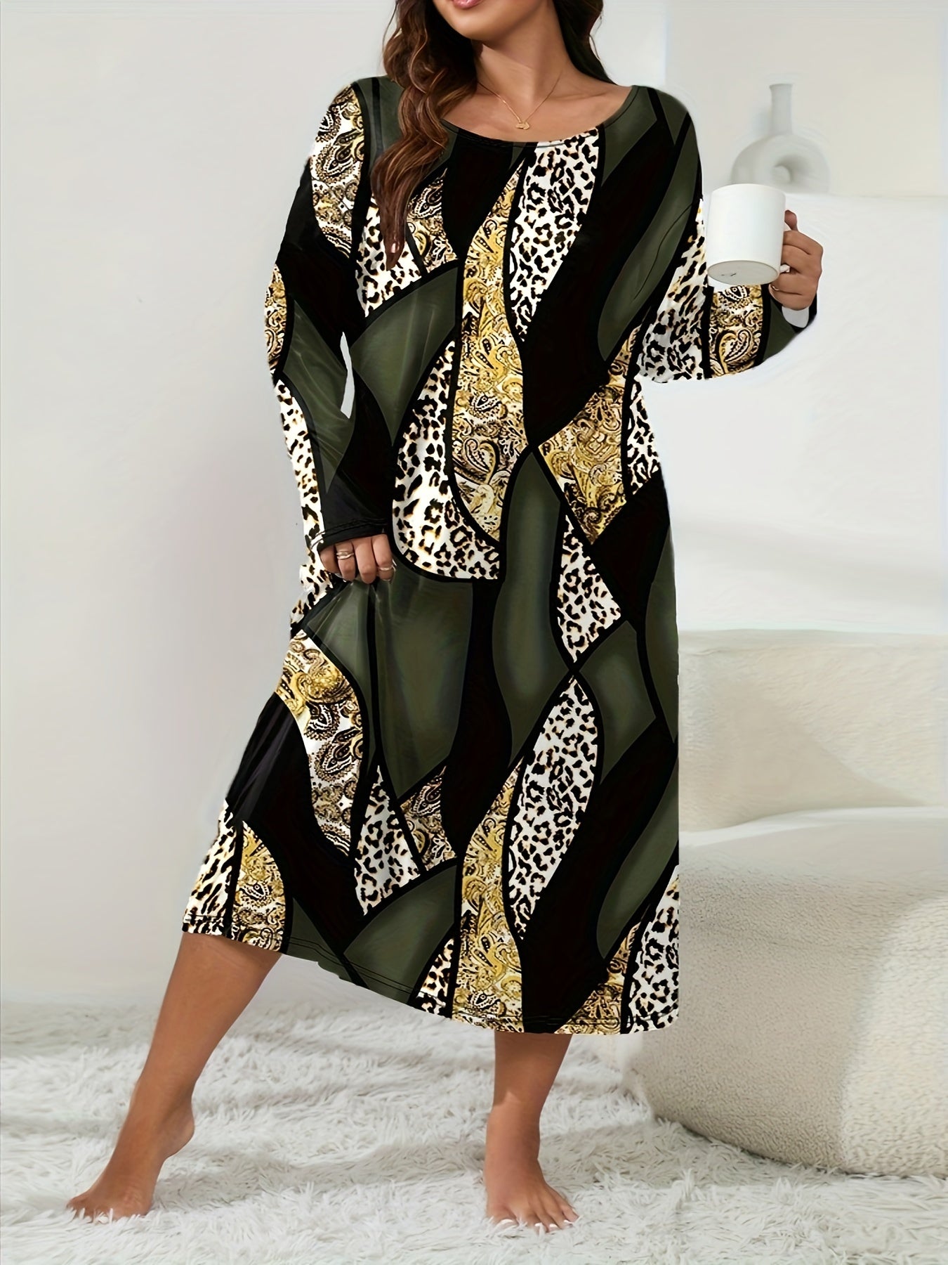 Retro Loungewear Dress Women's Plus Leopard & Paisley Print