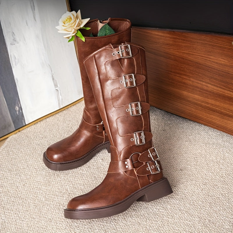 Women's Retro Knee High Buckle Strap Chunky Heeled Boots
