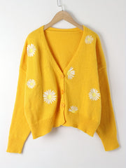 Daisy Pattern Long Sleeve Button Up Sweater Cardigan