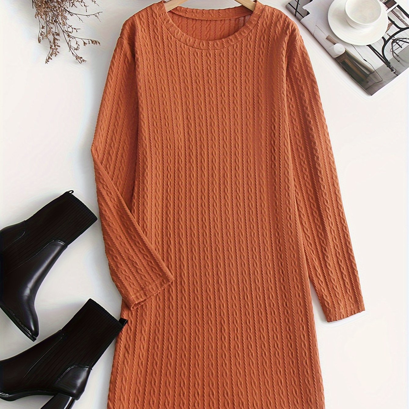 Solid Jacquard Long Sleeve Round Neck Dress