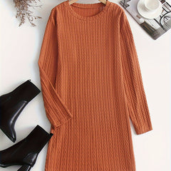 Solid Jacquard Long Sleeve Round Neck Dress