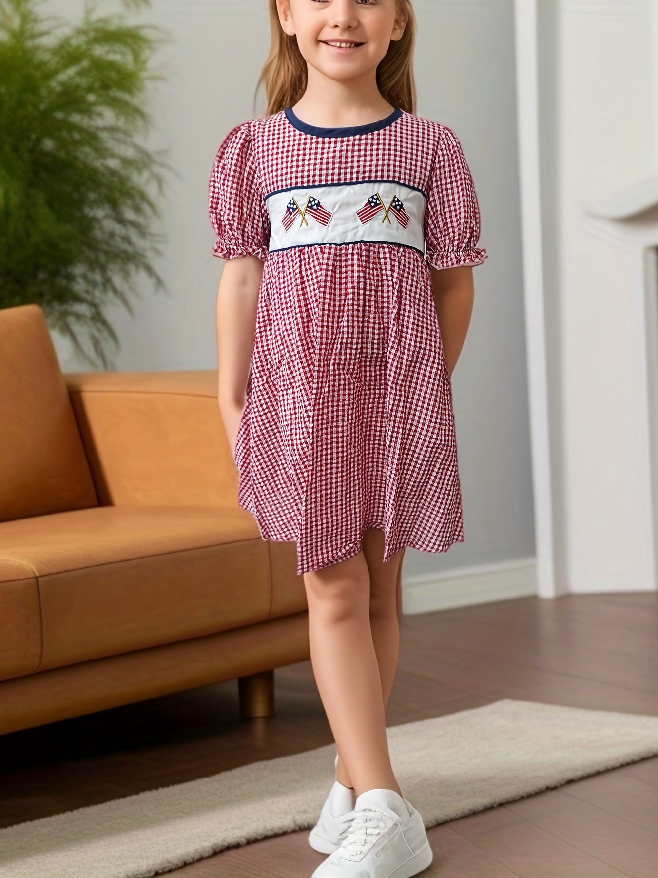 Toddler Girls Plaid Short Sleeve Embroidery Crew Neck Dress